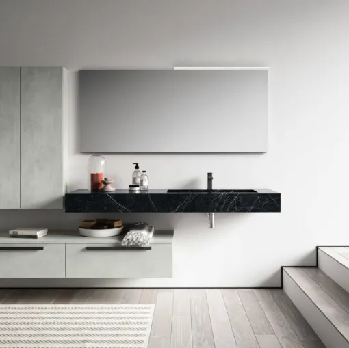 Mobile da Bagno sospeso effetto cemento con top in gres effetto marmo Moon 01 di GB Group