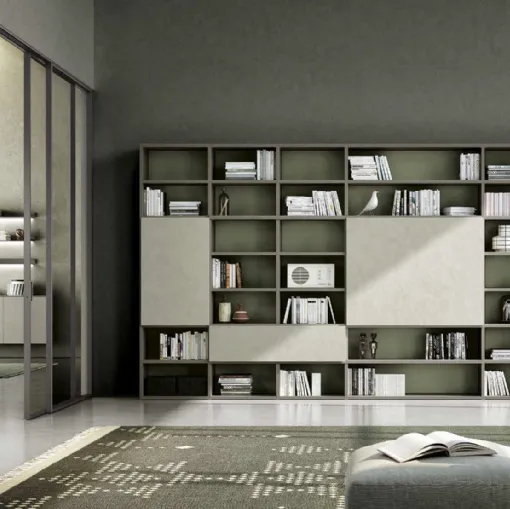 Libreria a muro Living 831 in laccato opaco e fimitura materica di Spagnol Mobili