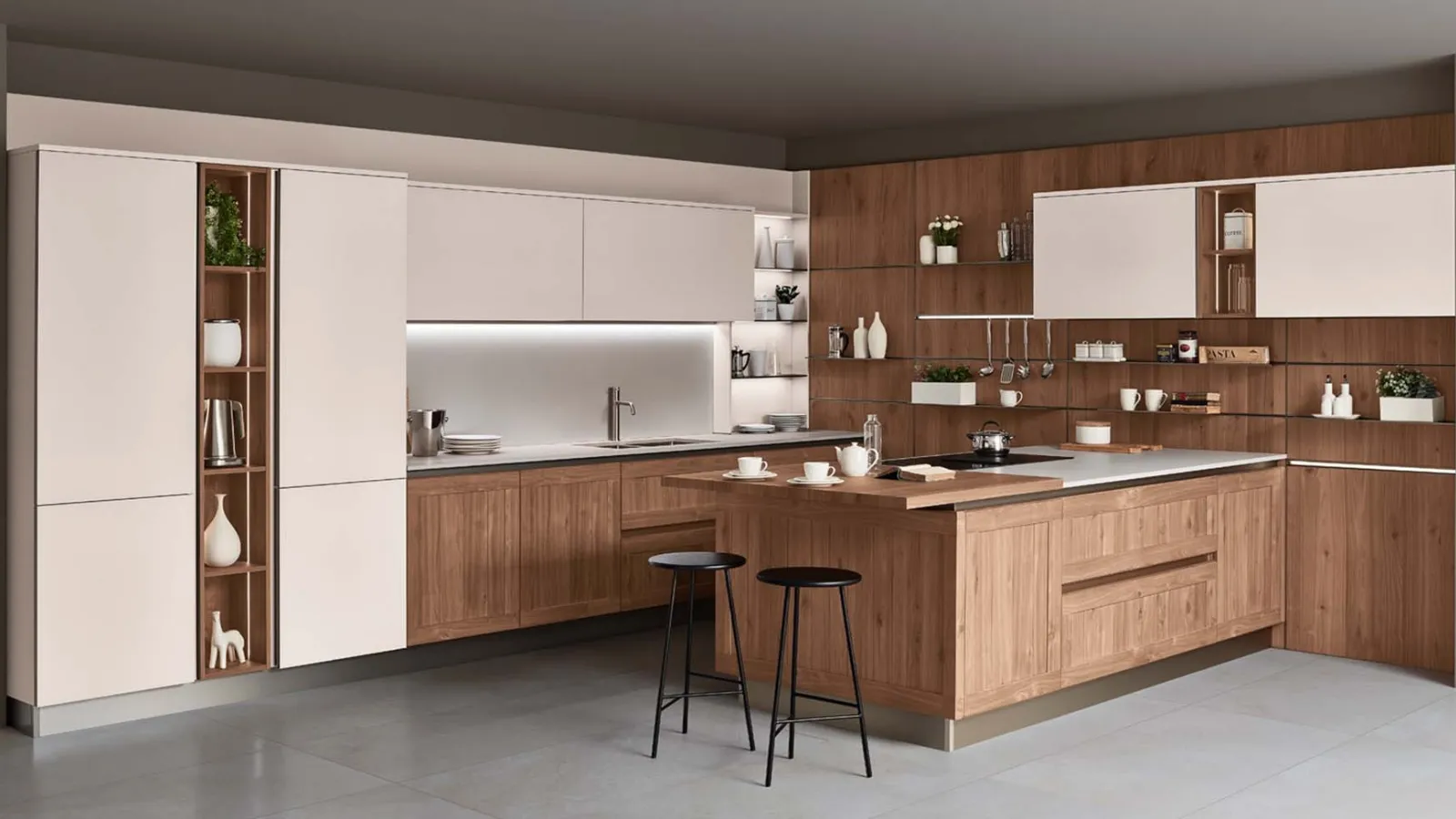 Cucina Moderna con penisola Armonia 02 in Noce nodoso a doghe e laccato opaco di Veneta Cucine